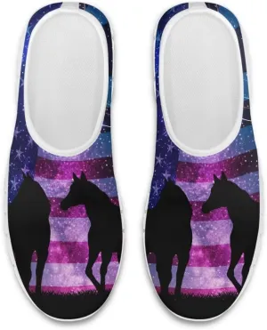 America Flag Galaxy Horse Print Men's Slip On Walking Shoes Running Comfortable Breathable Non Slip Athletic Gym Workout Cross Training SneakersWhite Sole