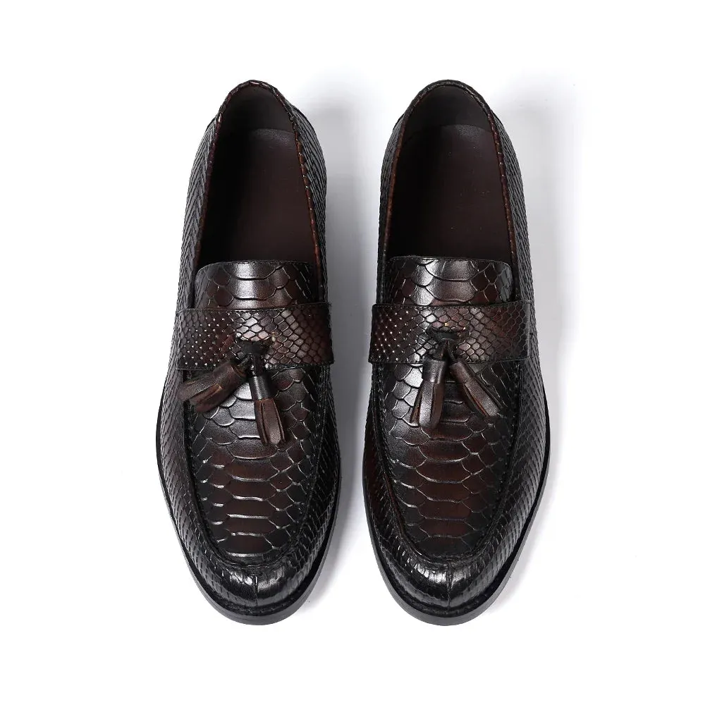 binfenxie  - Men's Tassel Loafers Genuine Leather Handmade Slip on Flat Casual Shoes Snake Pattern Office Wedding Party Dress Shoes for Men