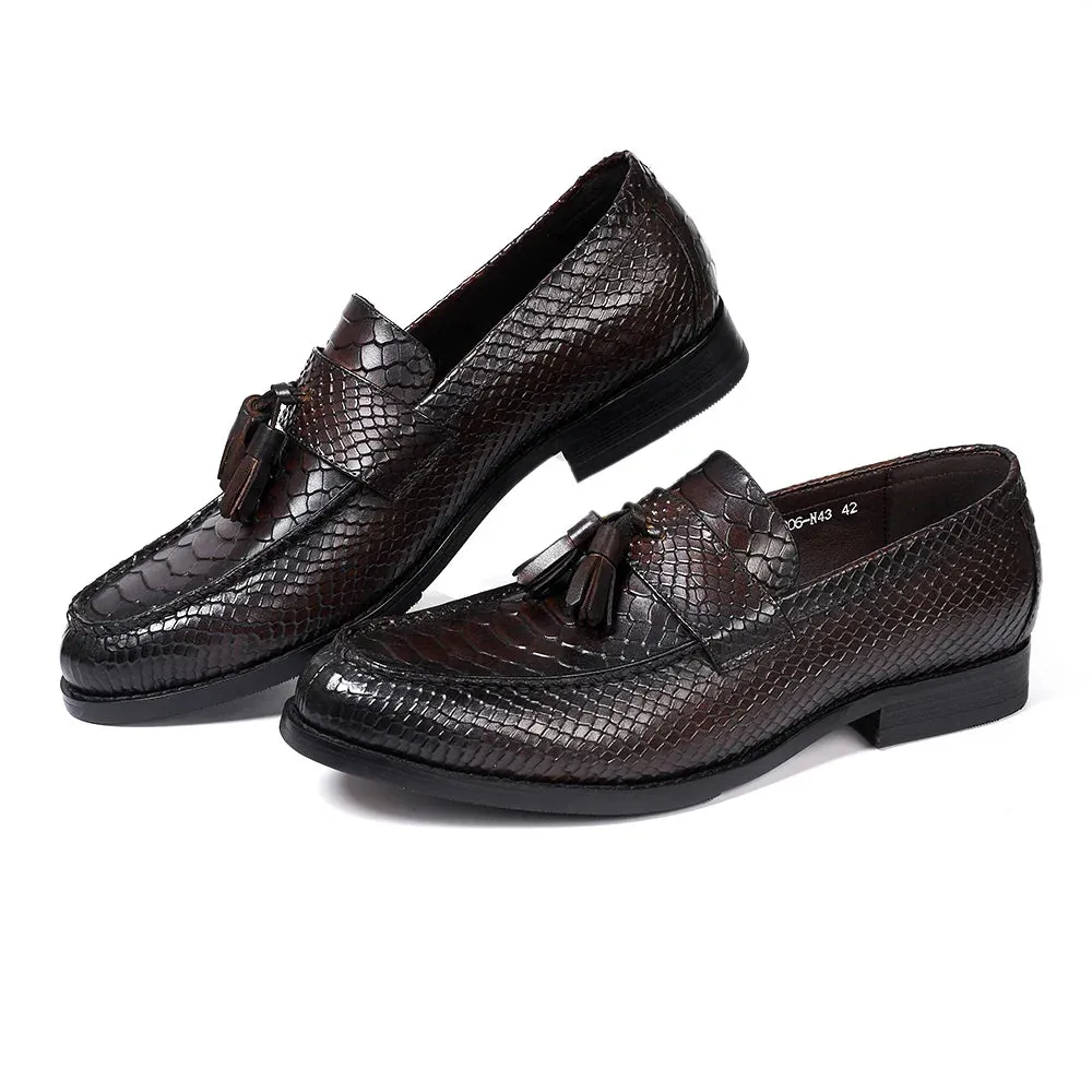 binfenxie  - Men's Tassel Loafers Genuine Leather Handmade Slip on Flat Casual Shoes Snake Pattern Office Wedding Party Dress Shoes for Men