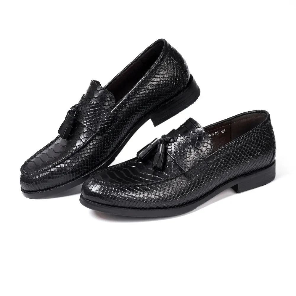 binfenxie  - Men's Tassel Loafers Genuine Leather Handmade Slip on Flat Casual Shoes Snake Pattern Office Wedding Party Dress Shoes for Men