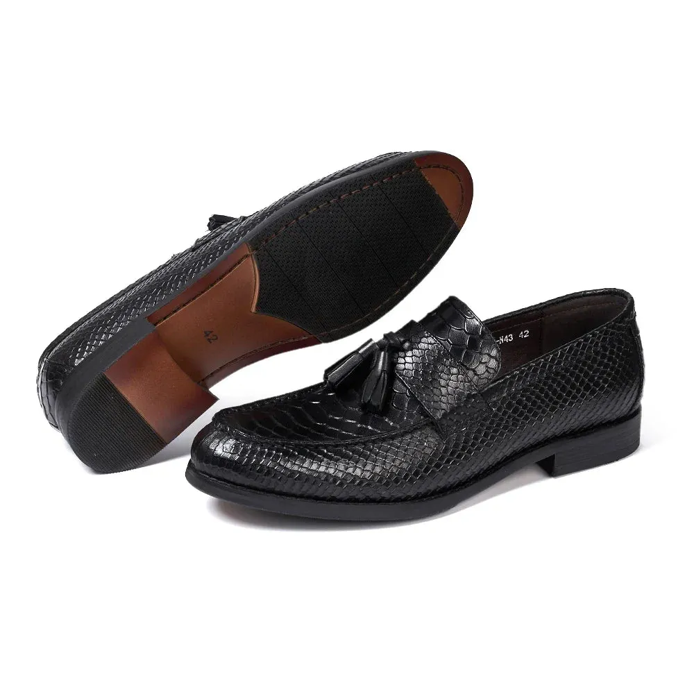 binfenxie  - Men's Tassel Loafers Genuine Leather Handmade Slip on Flat Casual Shoes Snake Pattern Office Wedding Party Dress Shoes for Men