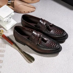binfenxie  - Men's Tassel Loafers Genuine Leather Handmade Slip on Flat Casual Shoes Snake Pattern Office Wedding Party Dress Shoes for Men