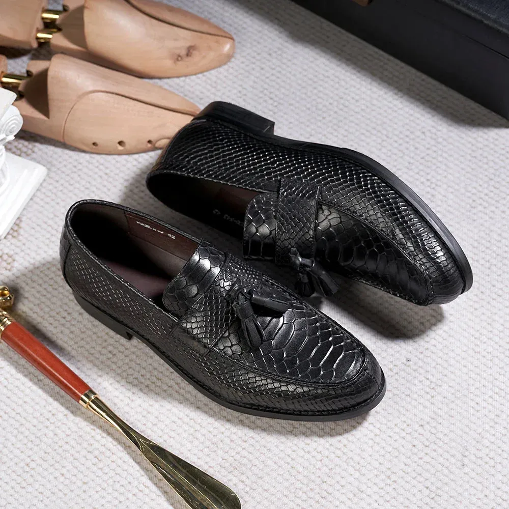 binfenxie  - Men's Tassel Loafers Genuine Leather Handmade Slip on Flat Casual Shoes Snake Pattern Office Wedding Party Dress Shoes for Men