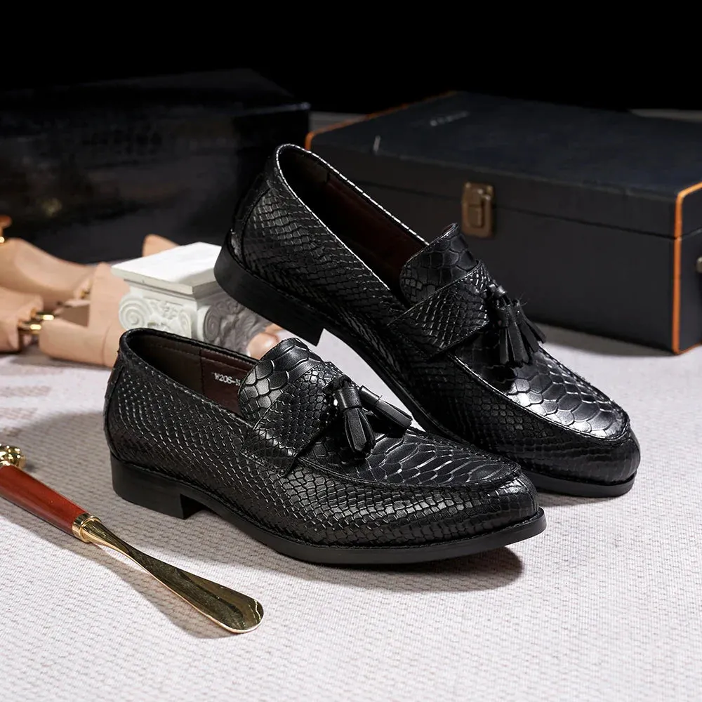 binfenxie  - Men's Tassel Loafers Genuine Leather Handmade Slip on Flat Casual Shoes Snake Pattern Office Wedding Party Dress Shoes for Men