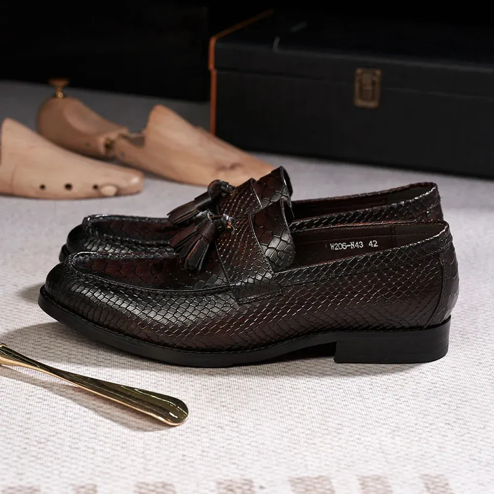 binfenxie  - Men's Tassel Loafers Genuine Leather Handmade Slip on Flat Casual Shoes Snake Pattern Office Wedding Party Dress Shoes for Men