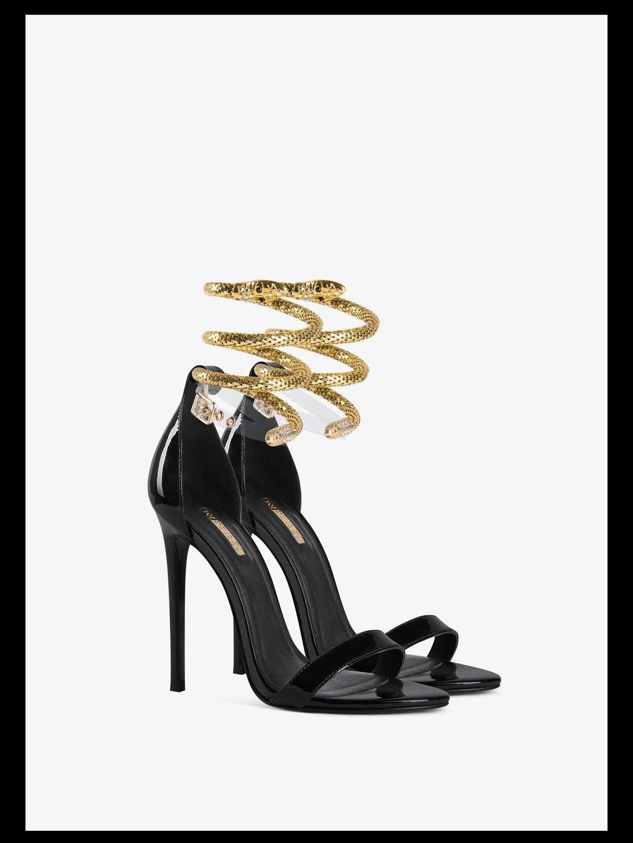Black Open-toe high-heel metal snake buckle stiletto sandals - Kao white