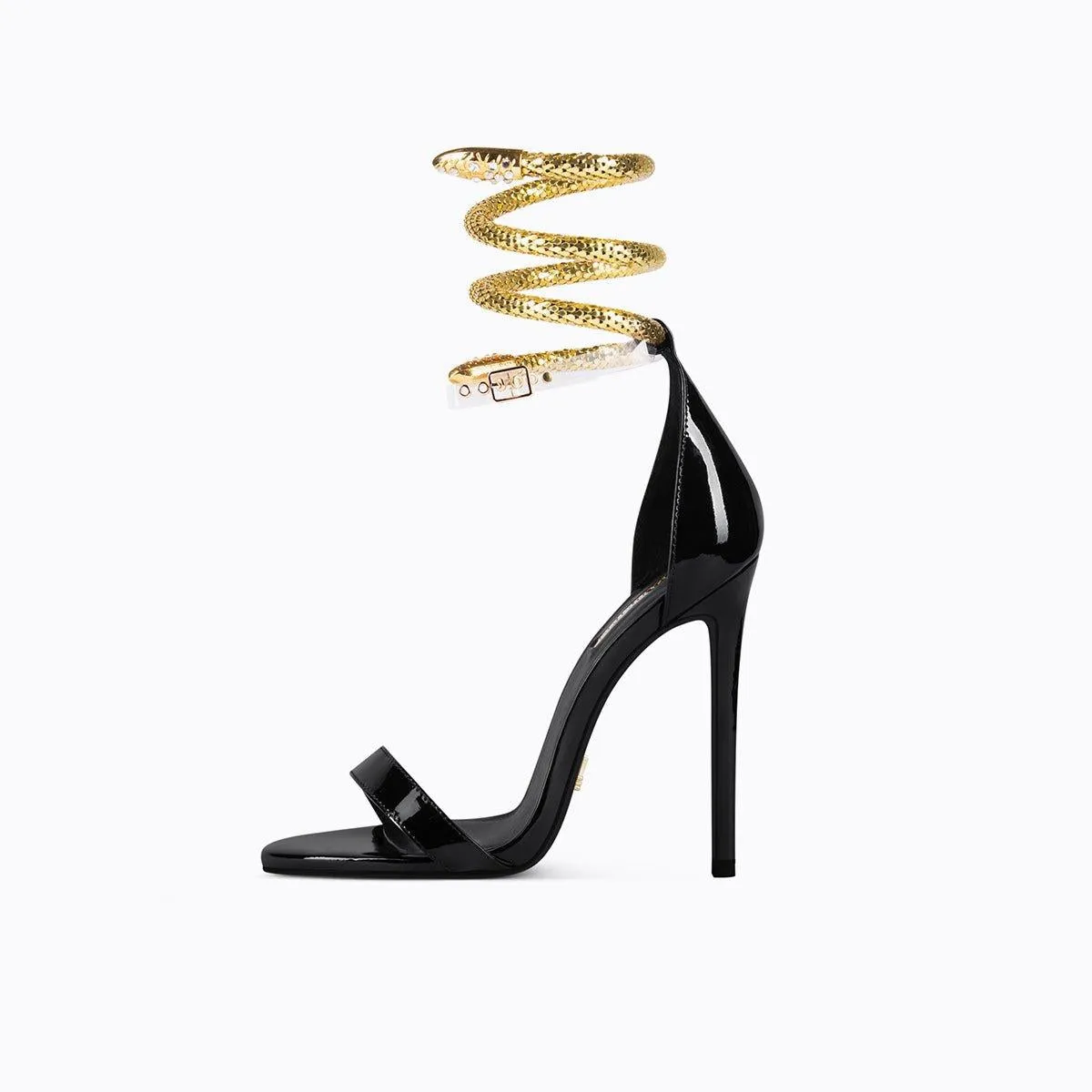 Black Open-toe high-heel metal snake buckle stiletto sandals - Kao white