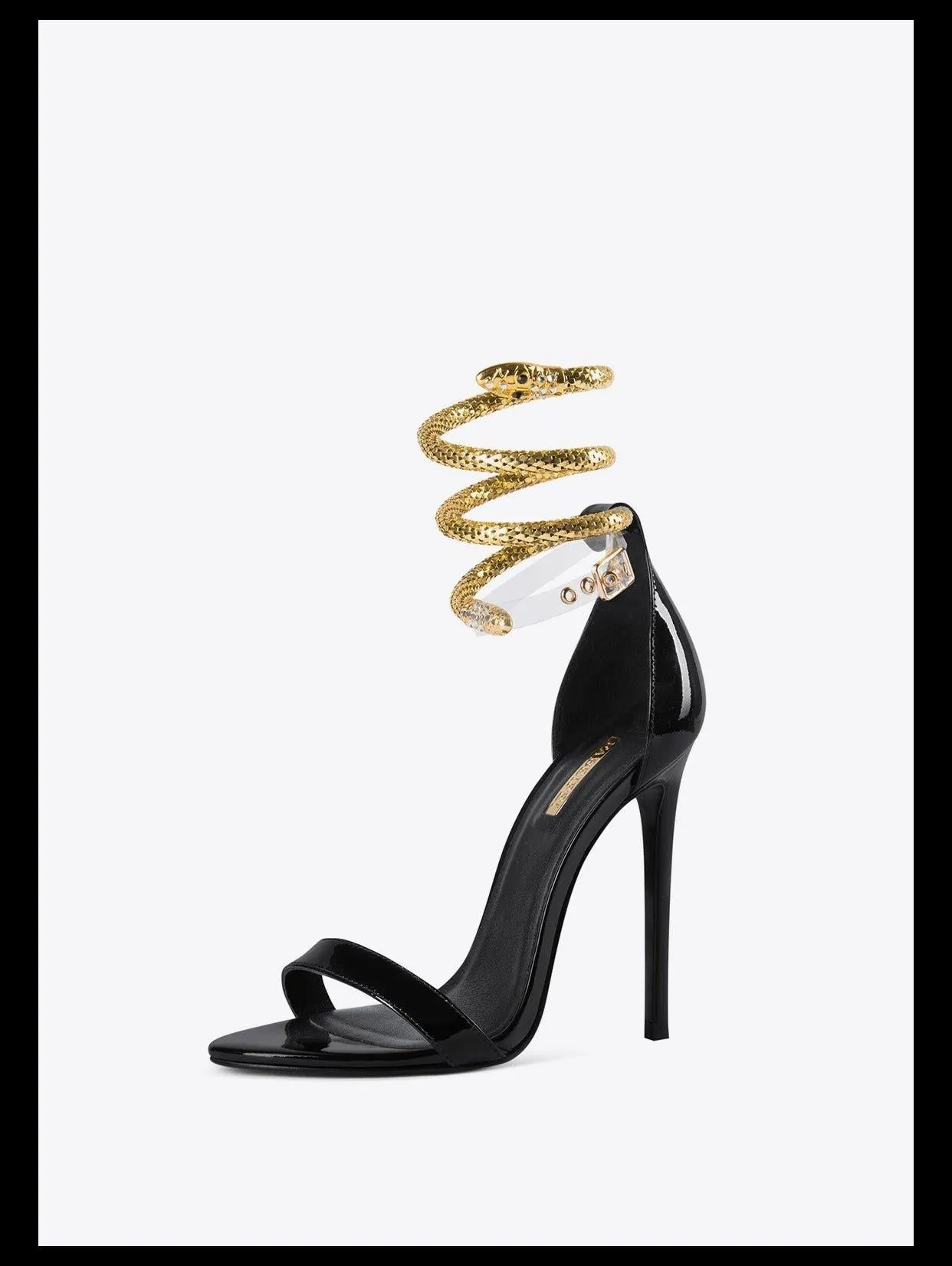 Black Open-toe high-heel metal snake buckle stiletto sandals - Kao white