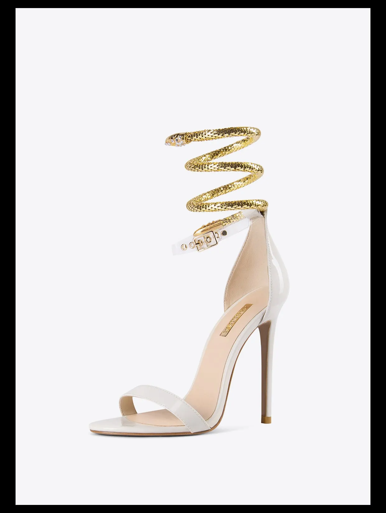 Black Open-toe high-heel metal snake buckle stiletto sandals - Kao white