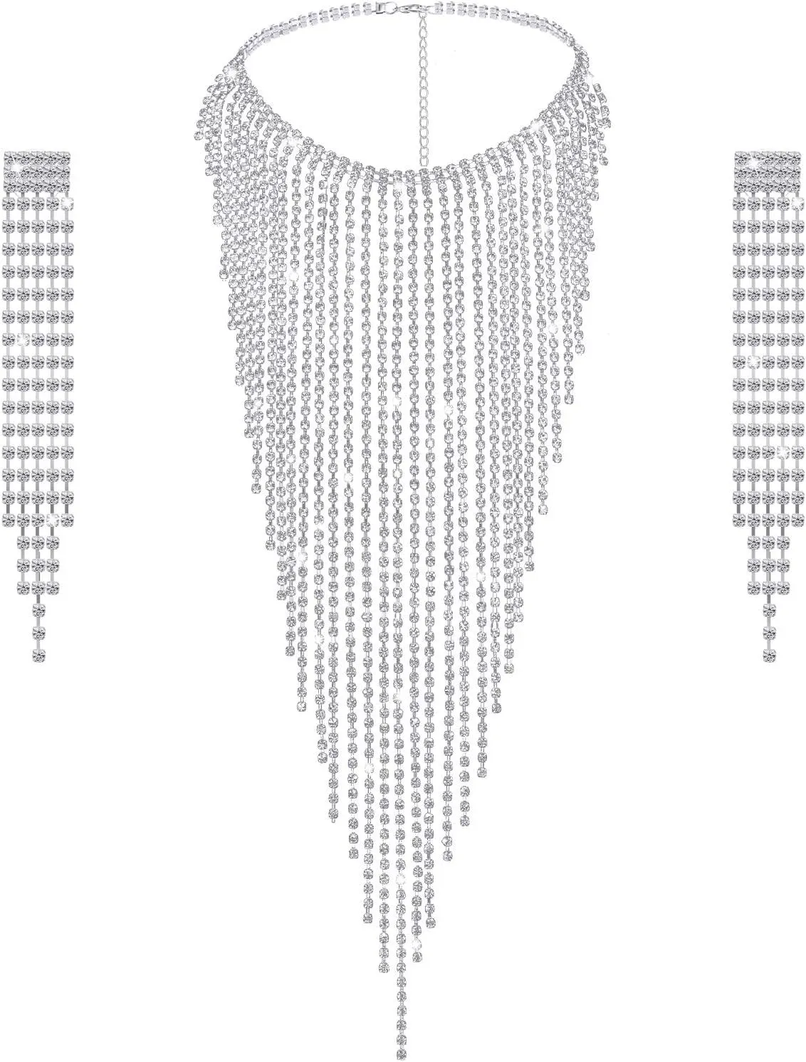 Hicarer Tassel Necklace Rhinestones Jewelry Set for Women Necklace Earrings Wedding