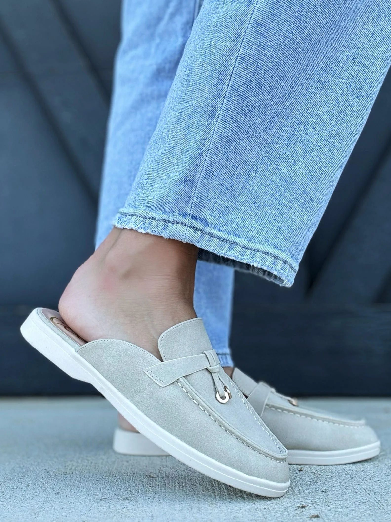 Irene Knot Detail Moccasin Stitching Loafer Mule- Taupe