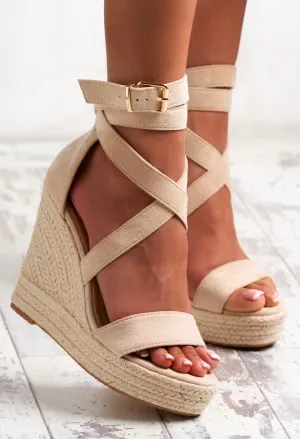 Island Girl Kisses Nude Faux Suede Strap Wedges