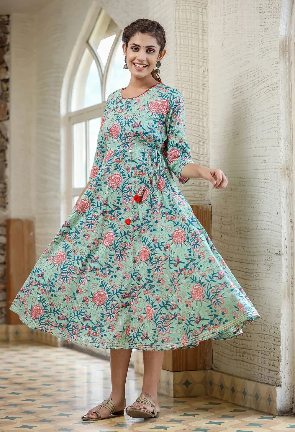 Light Green Floral Printed Cotton Ethnic Dress (pack of 1)