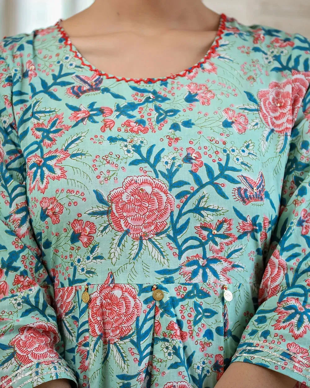 Light Green Floral Printed Cotton Ethnic Dress (pack of 1)