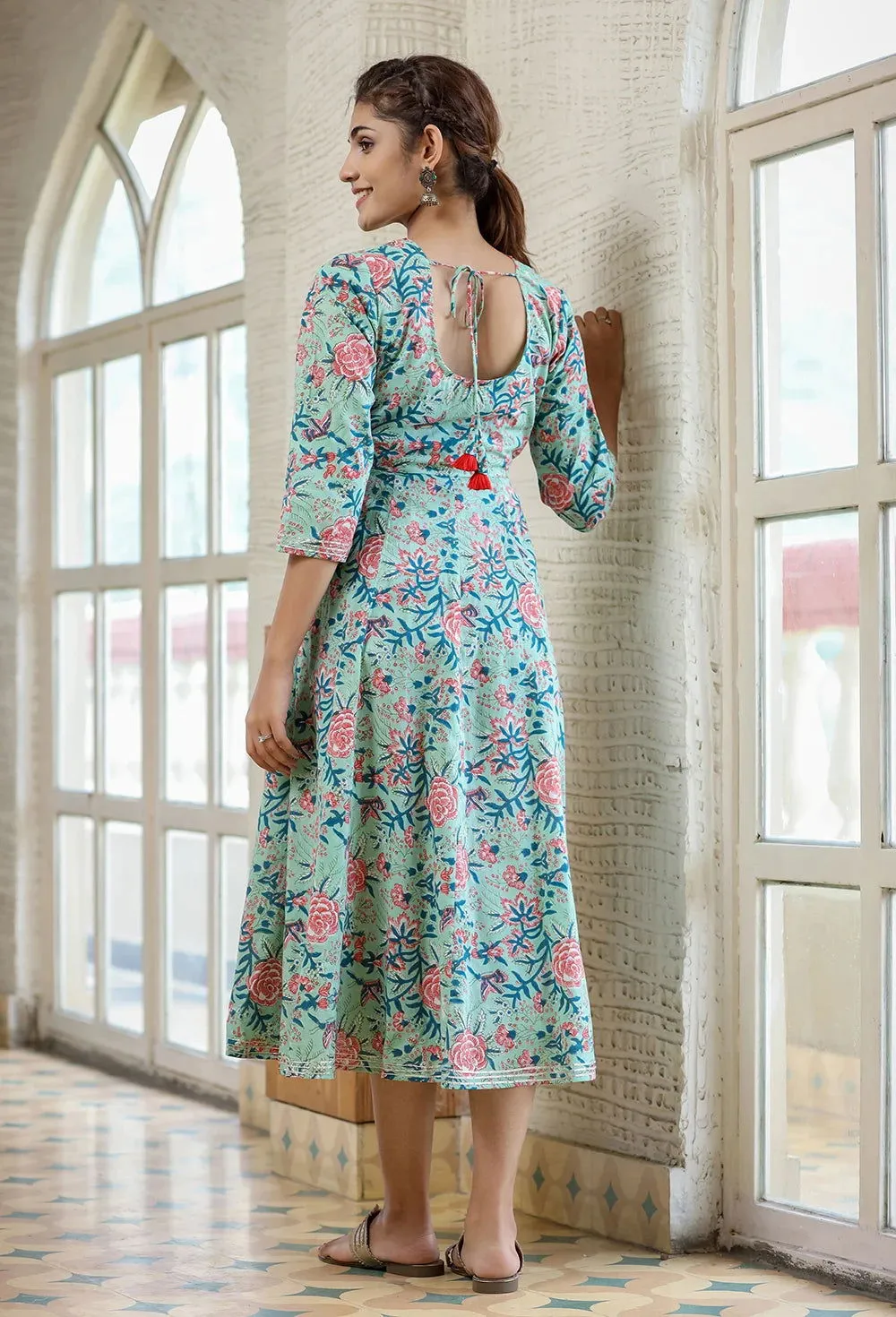 Light Green Floral Printed Cotton Ethnic Dress (pack of 1)