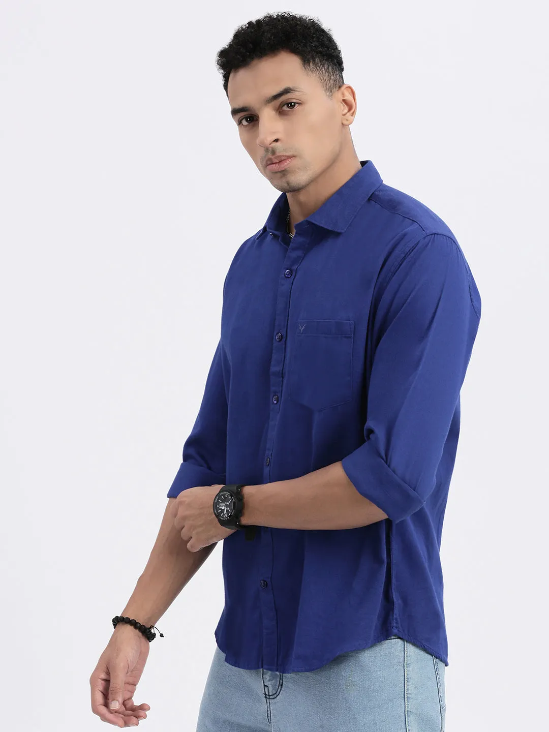 Men Blue Solid Linen Slim Fit Shirt