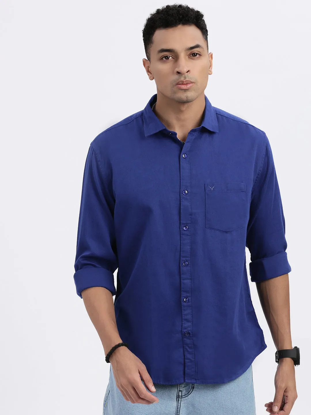 Men Blue Solid Linen Slim Fit Shirt