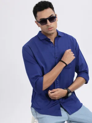 Men Blue Solid Linen Slim Fit Shirt