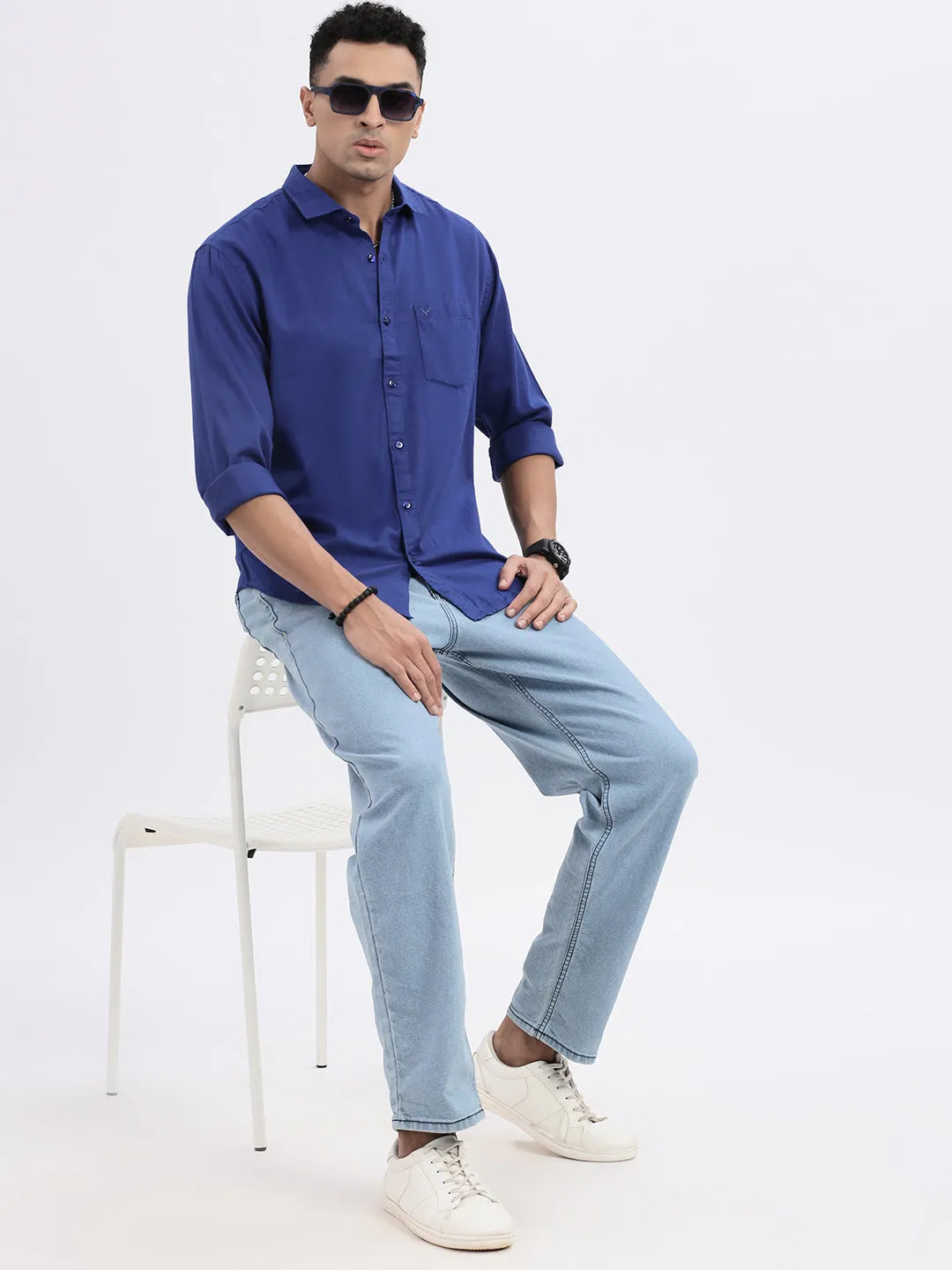 Men Blue Solid Linen Slim Fit Shirt