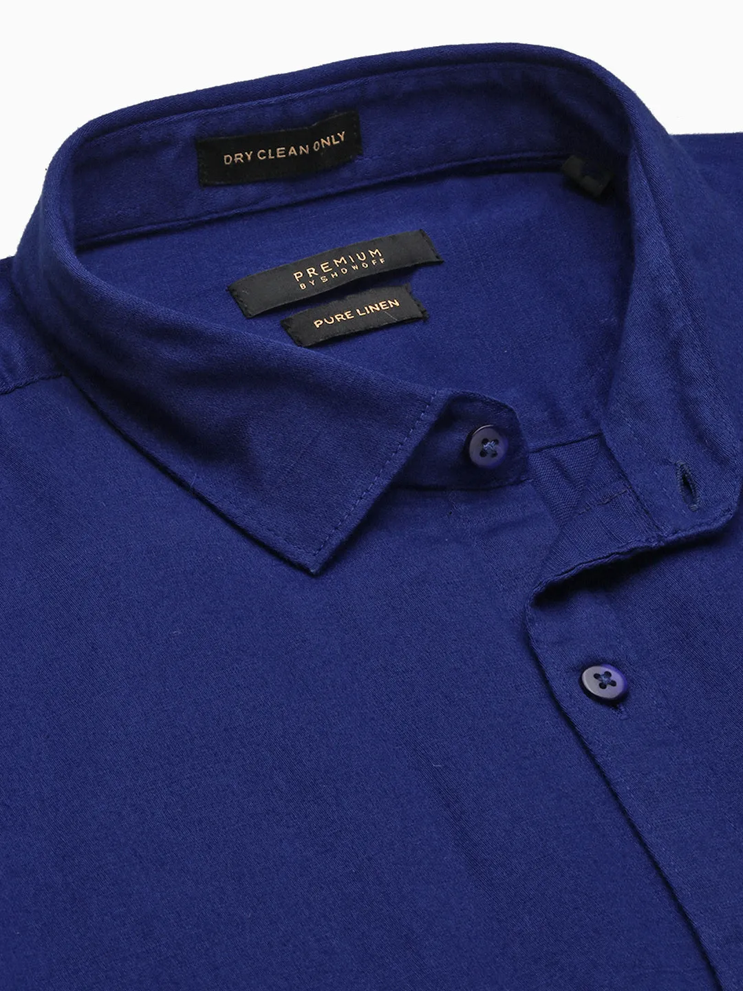 Men Blue Solid Linen Slim Fit Shirt