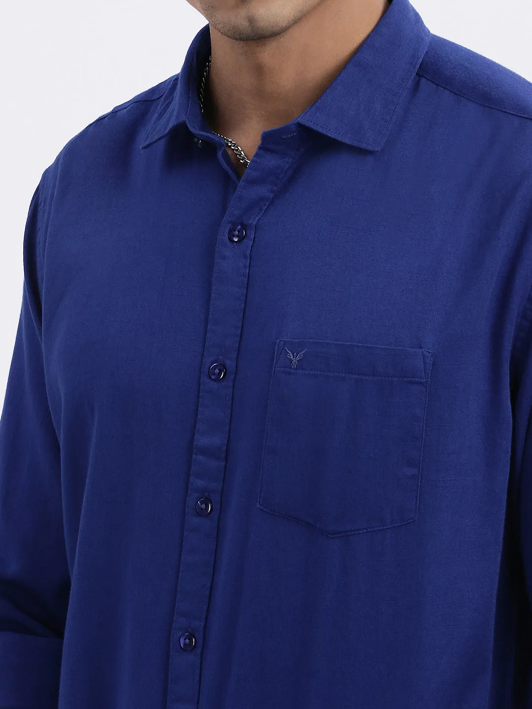 Men Blue Solid Linen Slim Fit Shirt