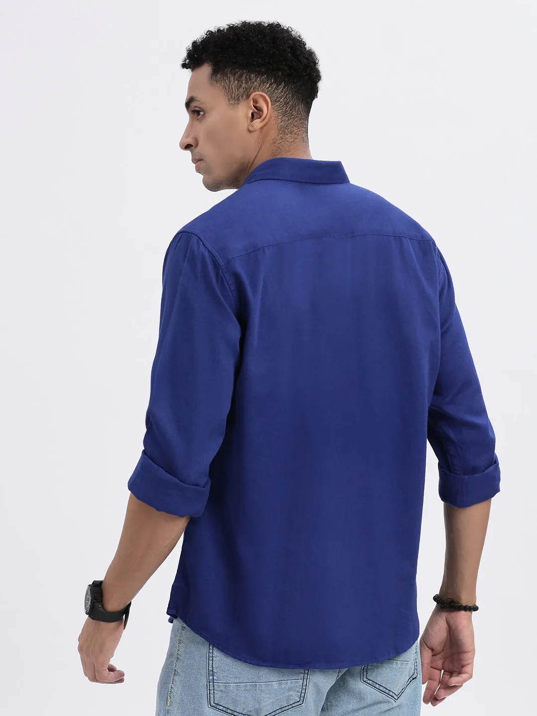 Men Blue Solid Linen Slim Fit Shirt