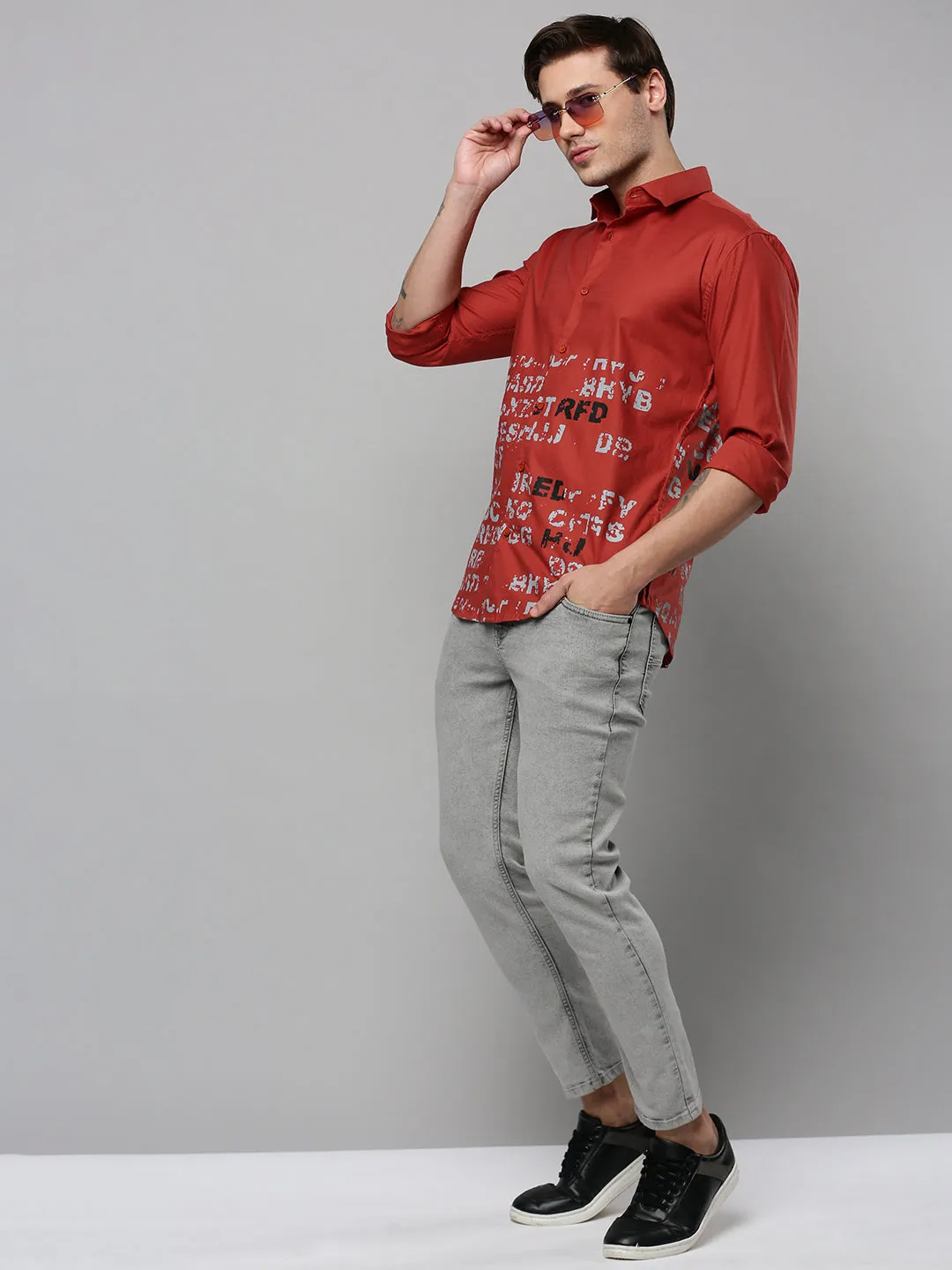 Men Rust Comfort Typography Printed Linen Casual Shirt