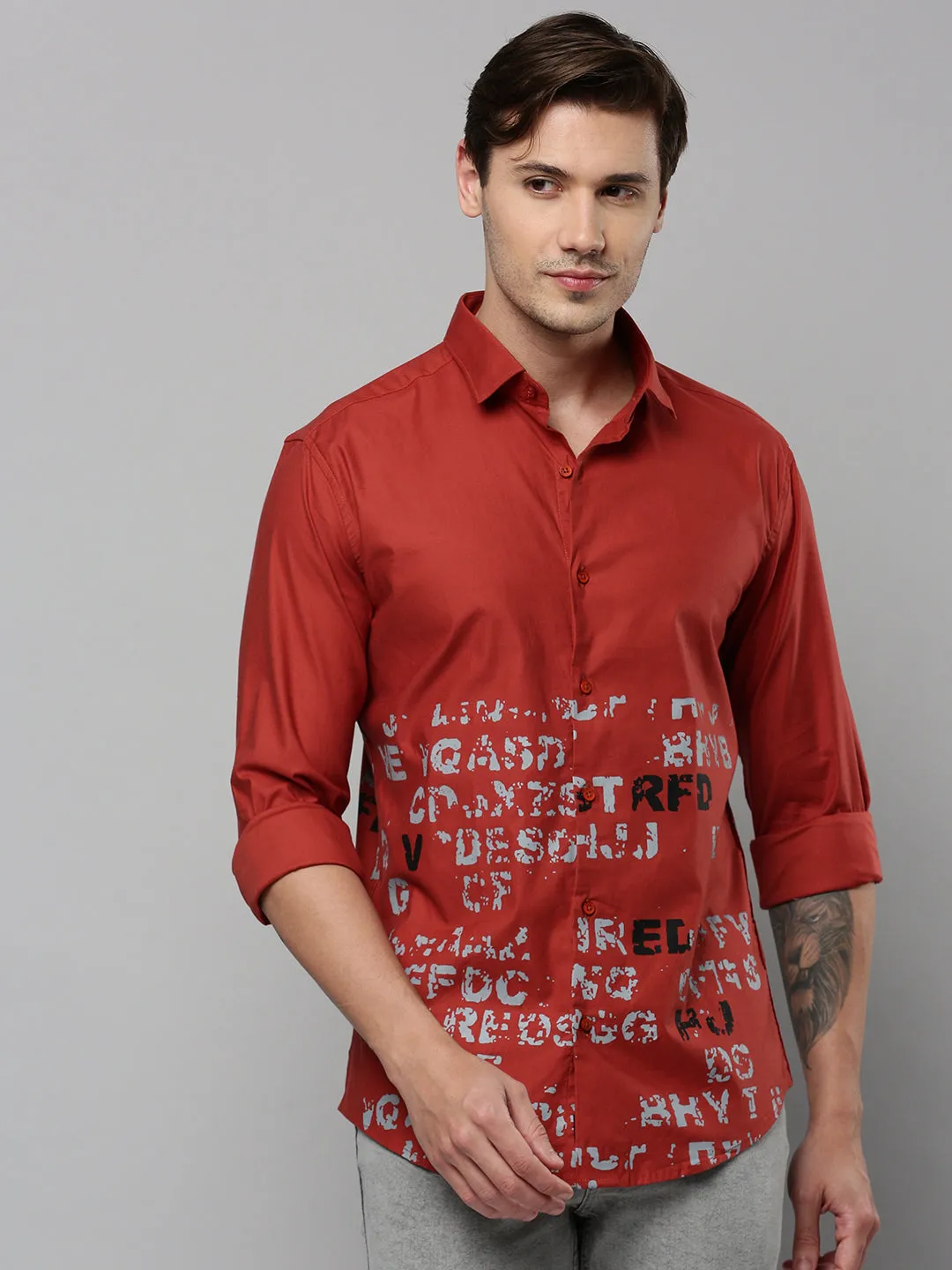 Men Rust Comfort Typography Printed Linen Casual Shirt