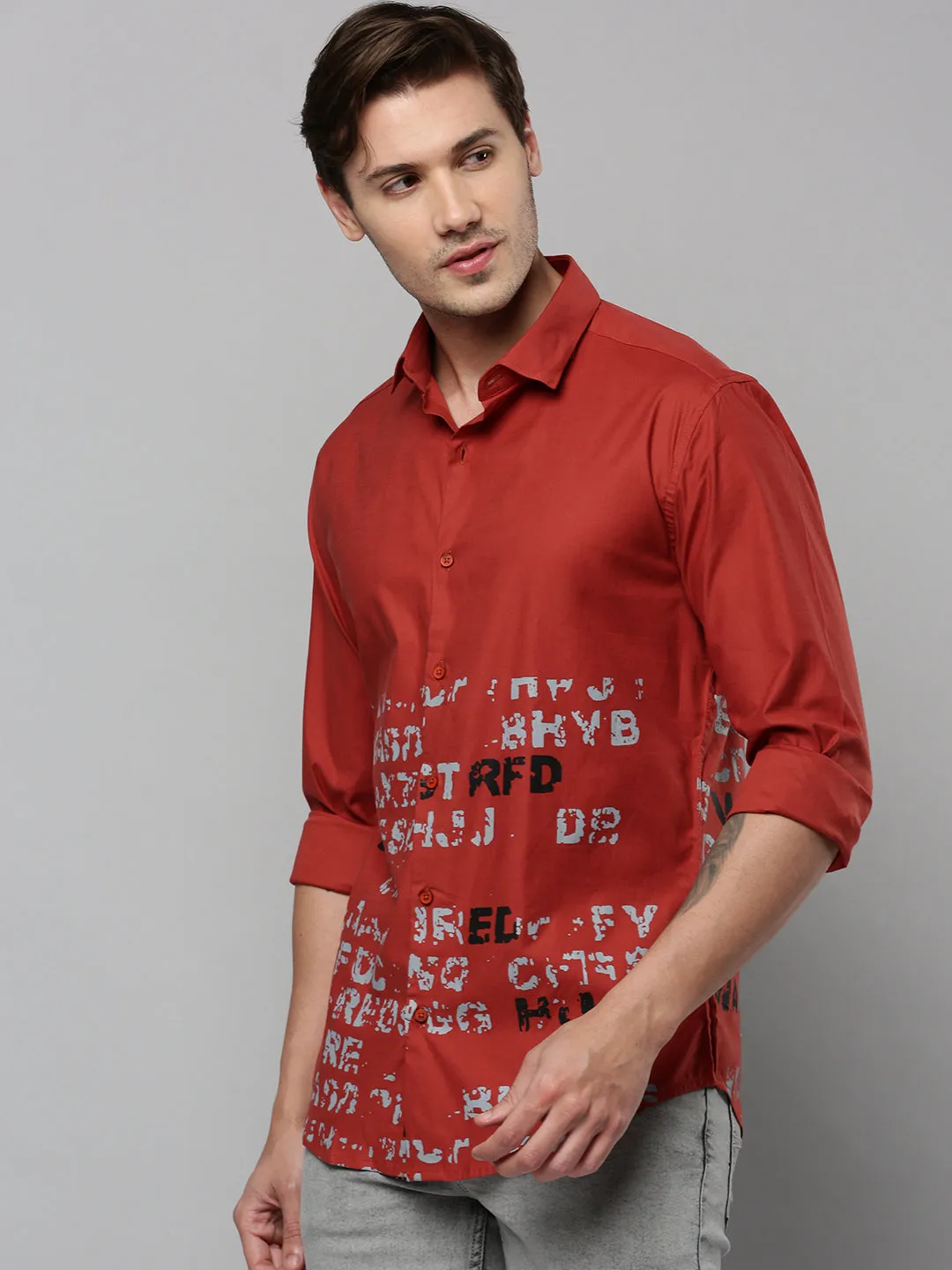Men Rust Comfort Typography Printed Linen Casual Shirt
