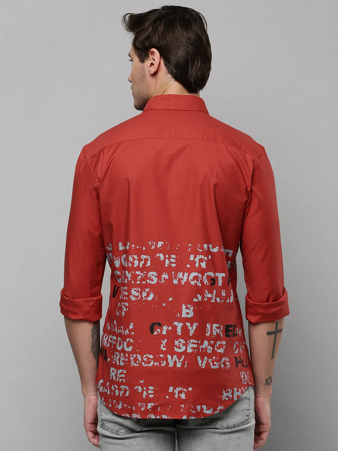 Men Rust Comfort Typography Printed Linen Casual Shirt