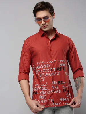 Men Rust Comfort Typography Printed Linen Casual Shirt