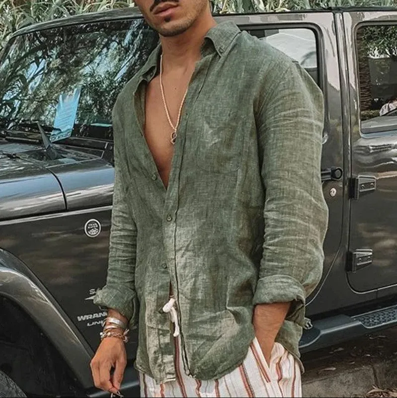 Mens Button-Up Shirt  Cotton Linen Blend  Relaxed Fit  Long Sleeve Casual Wear