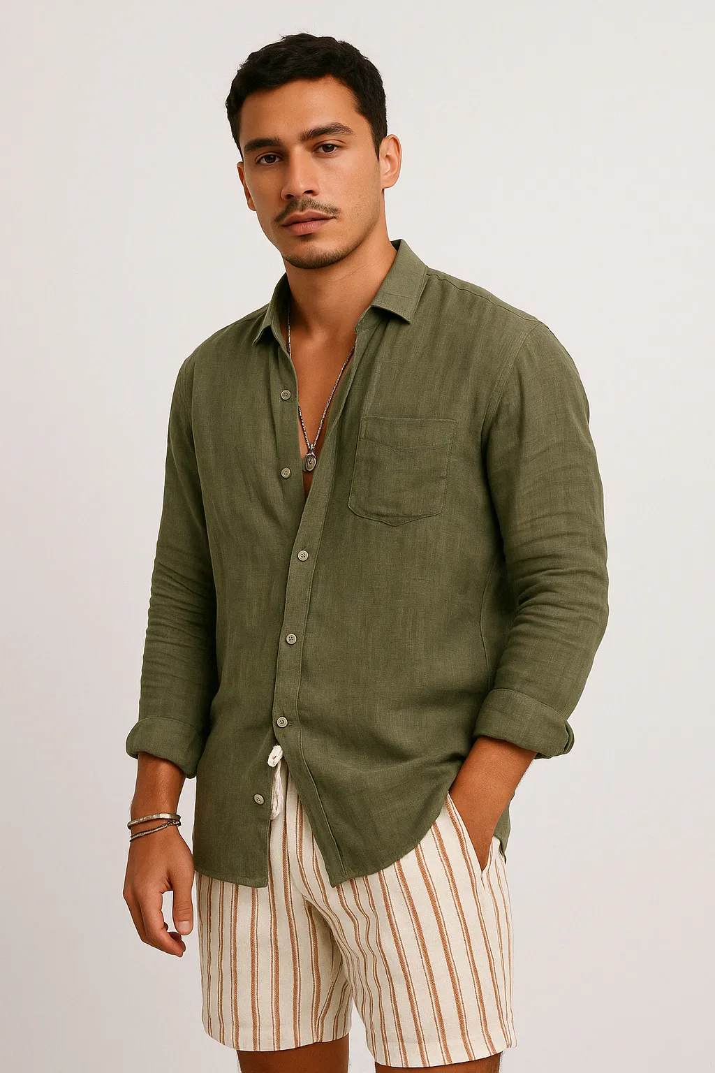 Mens Button-Up Shirt  Cotton Linen Blend  Relaxed Fit  Long Sleeve Casual Wear
