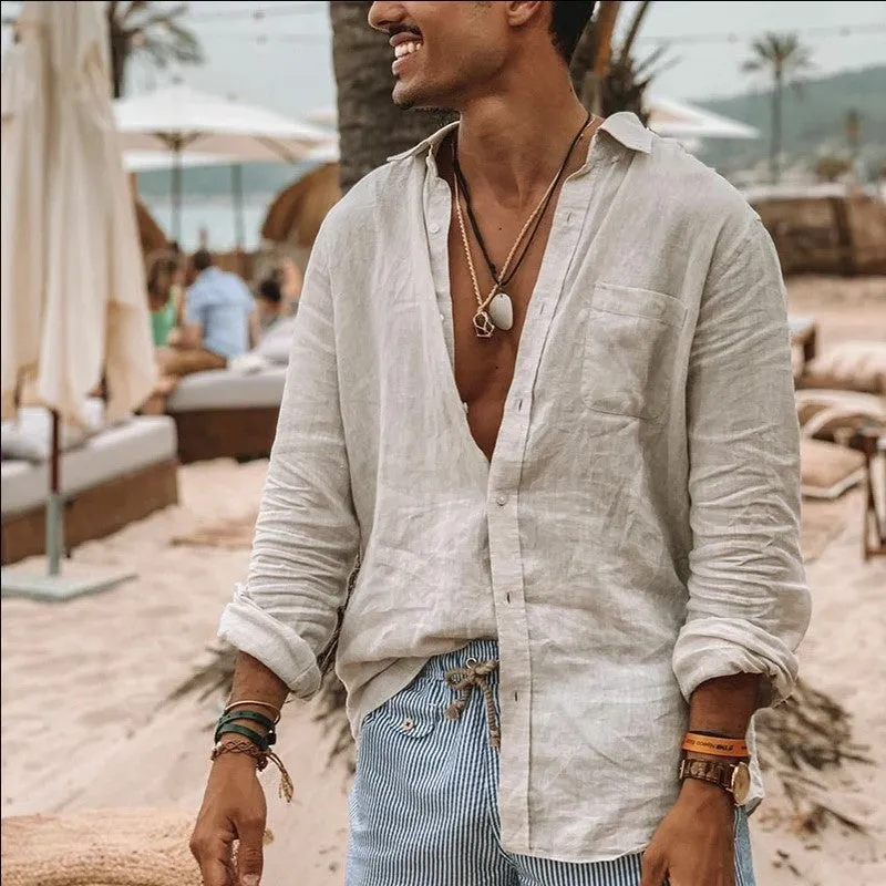 Mens Button-Up Shirt  Cotton Linen Blend  Relaxed Fit  Long Sleeve Casual Wear