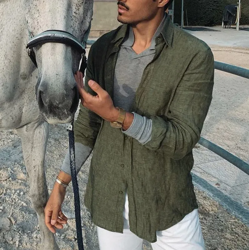 Mens Button-Up Shirt  Cotton Linen Blend  Relaxed Fit  Long Sleeve Casual Wear