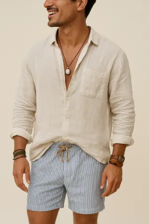 Mens Button-Up Shirt  Cotton Linen Blend  Relaxed Fit  Long Sleeve Casual Wear
