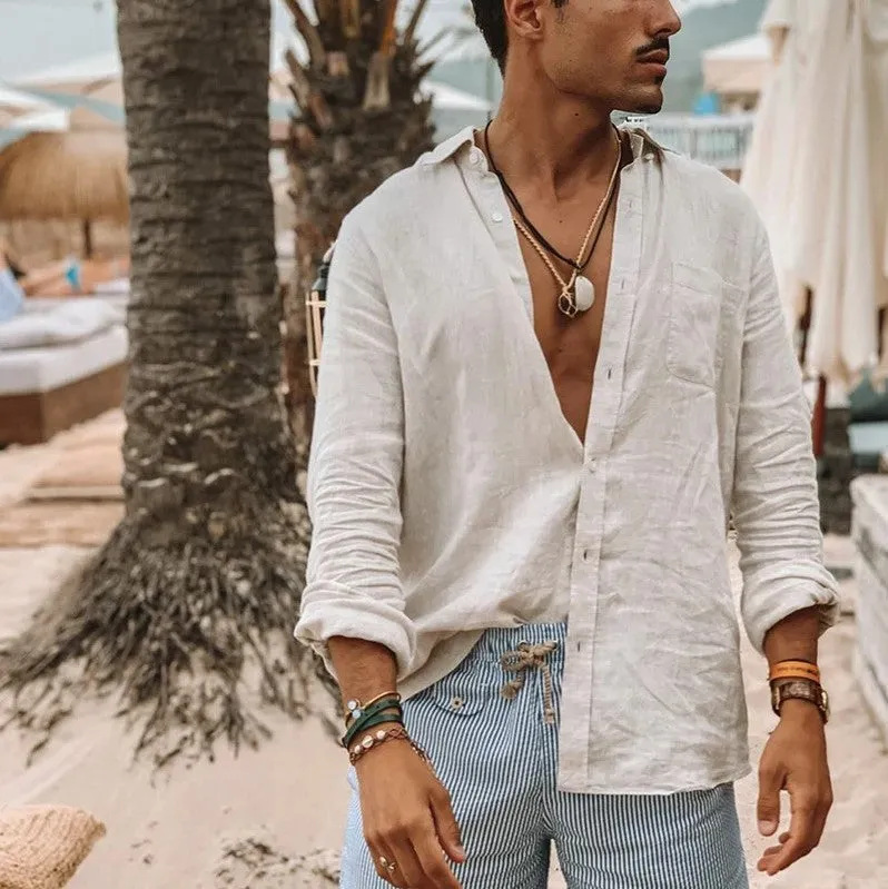 Mens Button-Up Shirt  Cotton Linen Blend  Relaxed Fit  Long Sleeve Casual Wear