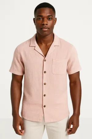 Mens Button-Up Shirt  Cotton Linen Blend  Relaxed Fit  Short Sleeve Casual