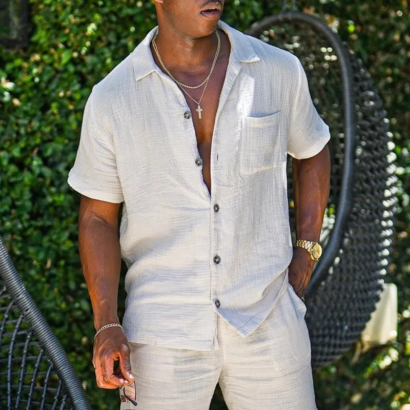 Mens Button-Up Shirt  Cotton Linen Blend  Relaxed Fit  Short Sleeve Casual