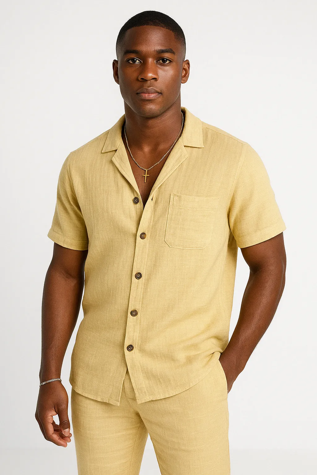 Mens Button-Up Shirt  Cotton Linen Blend  Relaxed Fit  Short Sleeve Casual