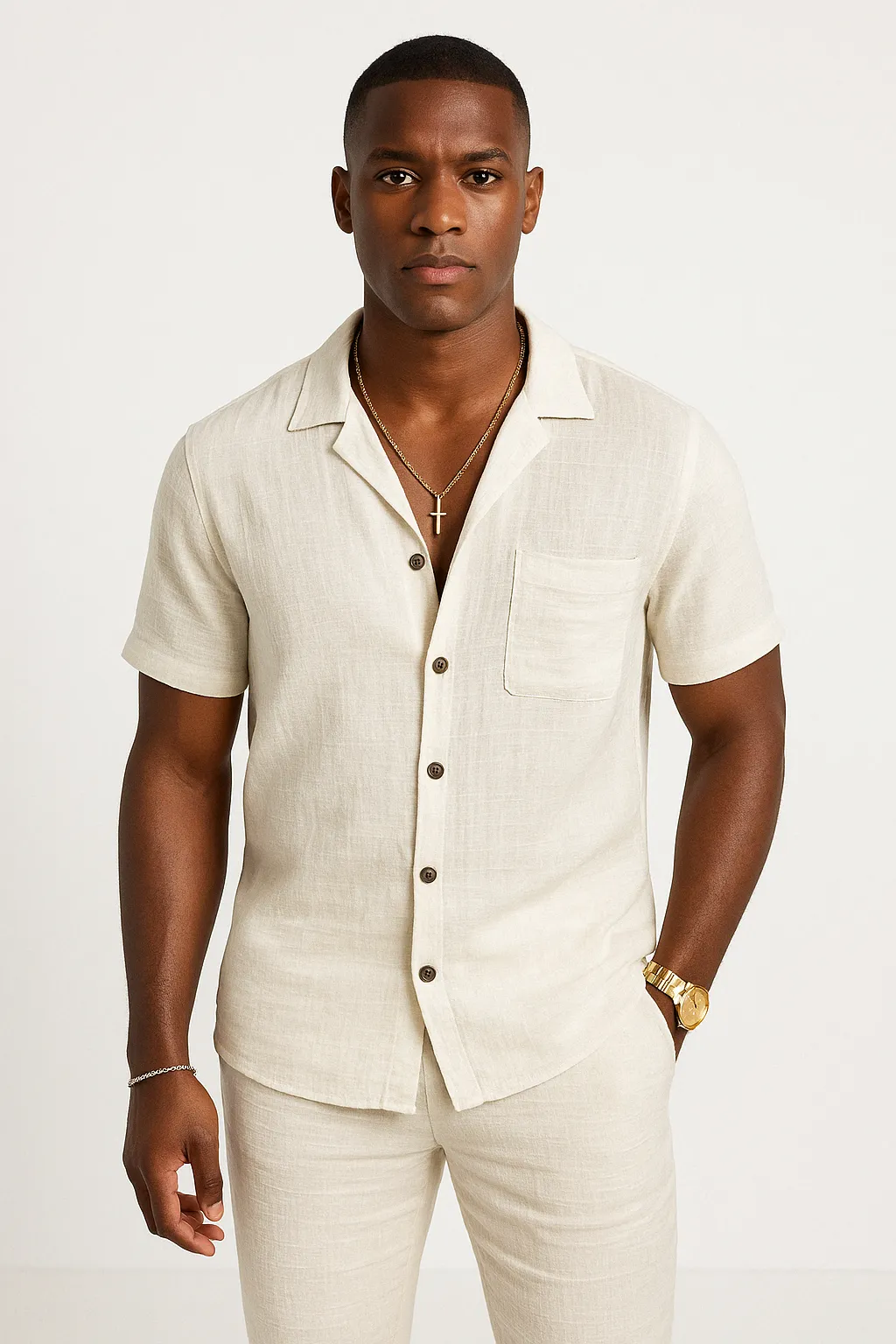 Mens Button-Up Shirt  Cotton Linen Blend  Relaxed Fit  Short Sleeve Casual