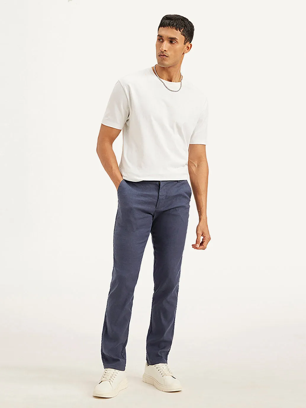Men's Mid Rise Navy Straight Fit Trousers