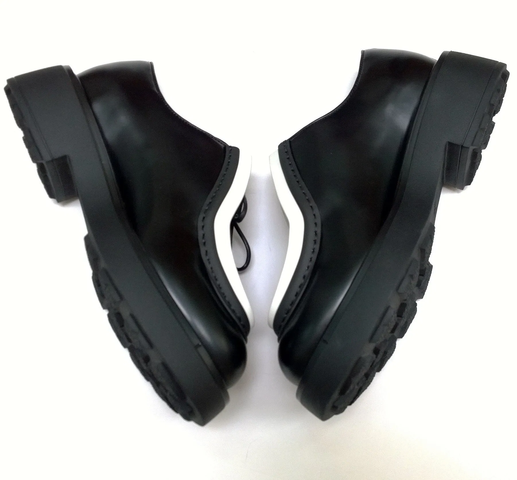Prada Platform Lace Up Brogues in Black Leather with White Trim
