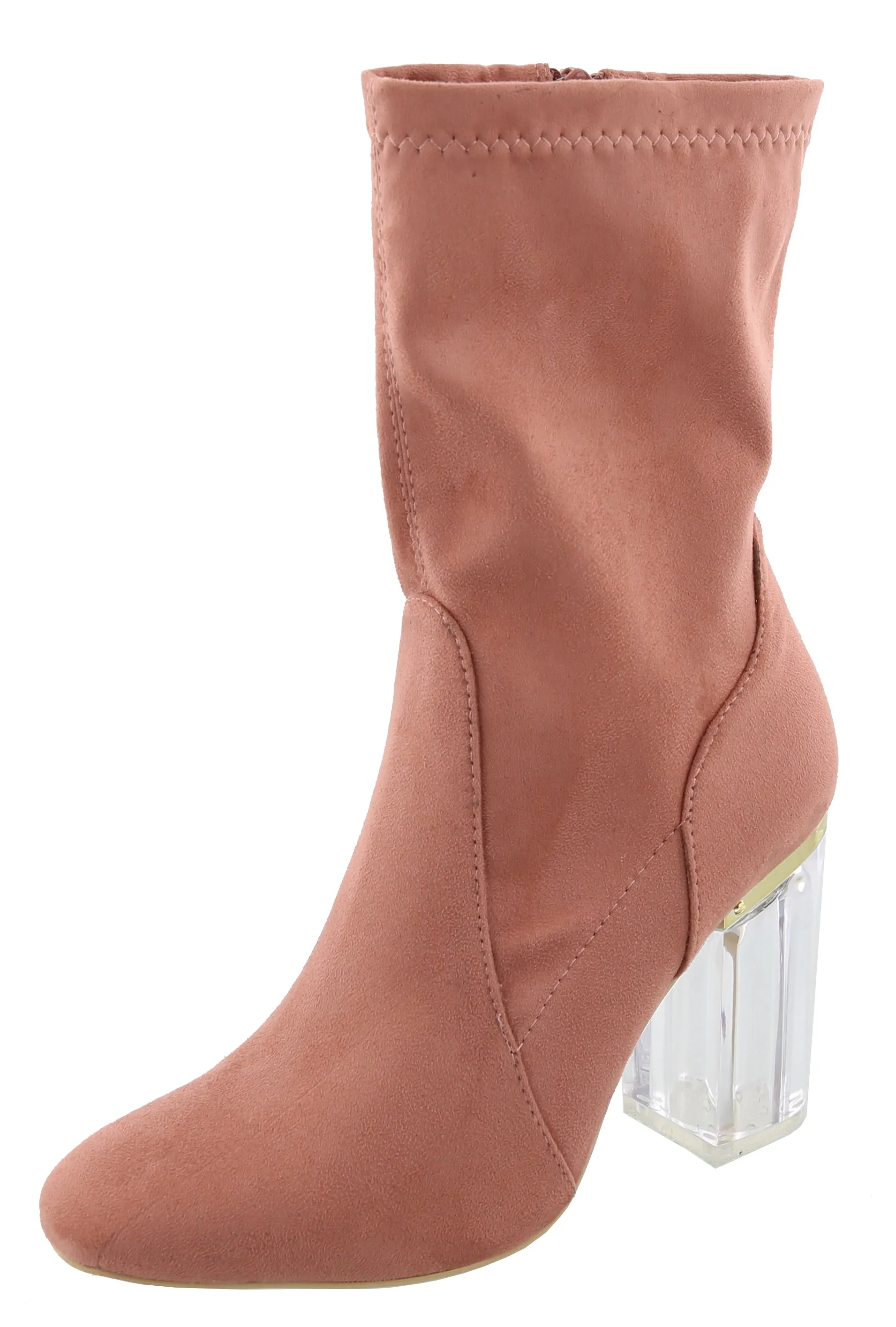 Top Moda Women's Closed Almond Toe Lucite Heel Mid-Calf Sock Boot