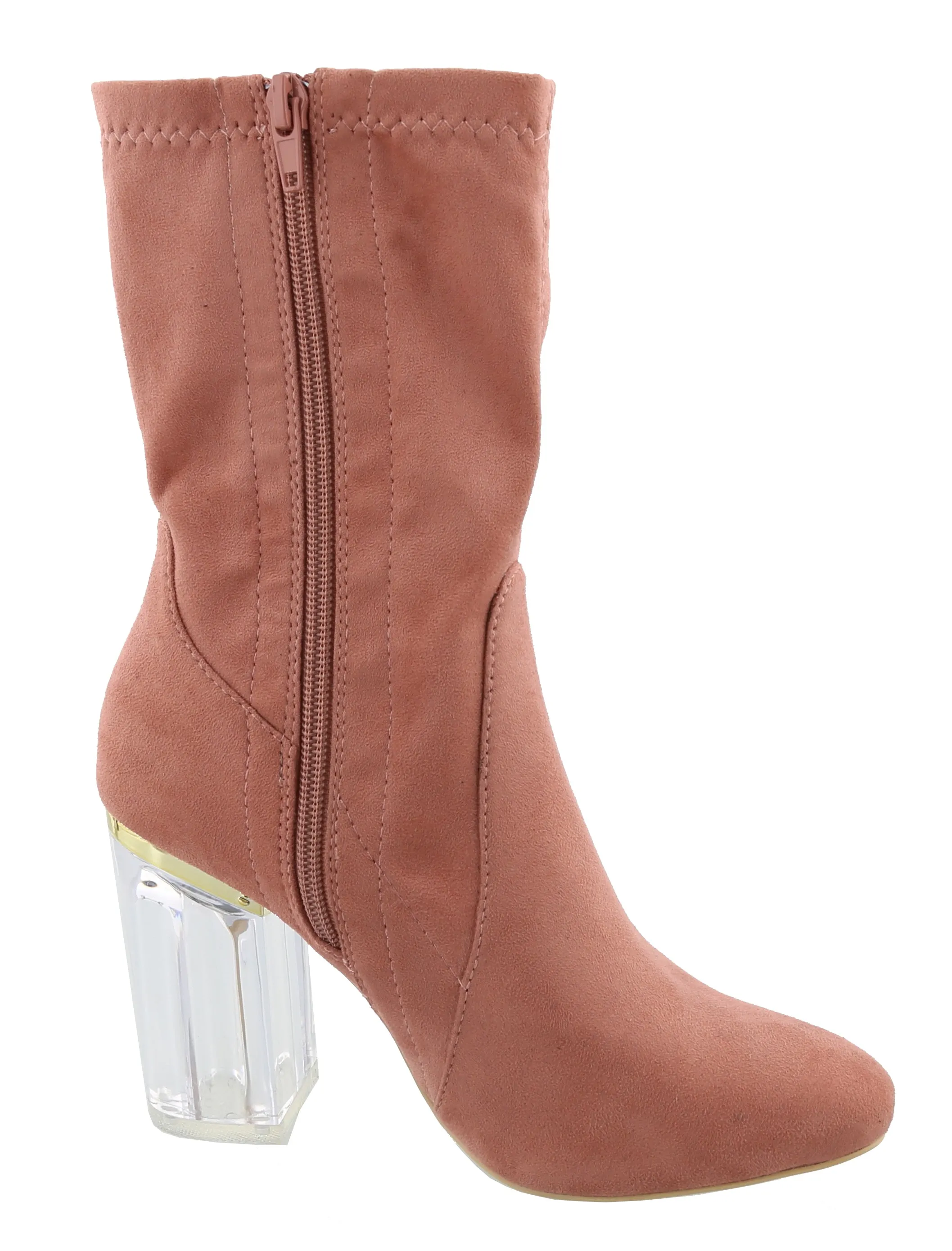 Top Moda Women's Closed Almond Toe Lucite Heel Mid-Calf Sock Boot