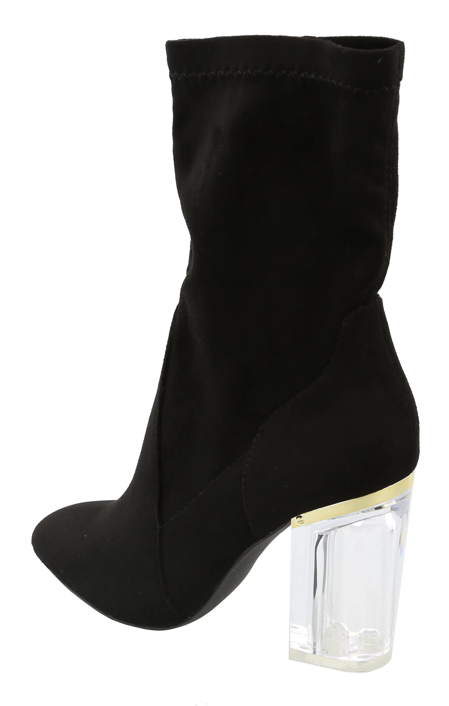 Top Moda Women's Closed Almond Toe Lucite Heel Mid-Calf Sock Boot