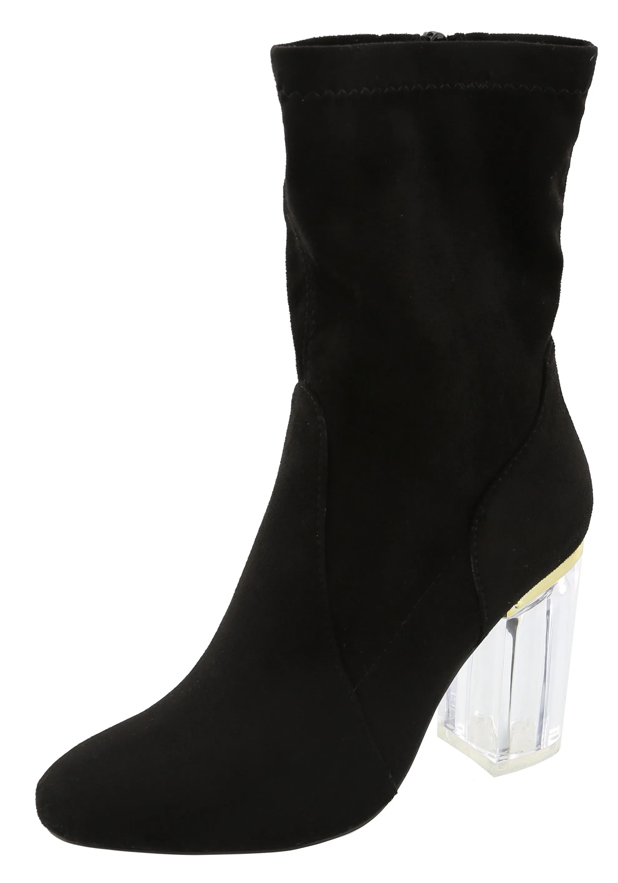 Top Moda Women's Closed Almond Toe Lucite Heel Mid-Calf Sock Boot
