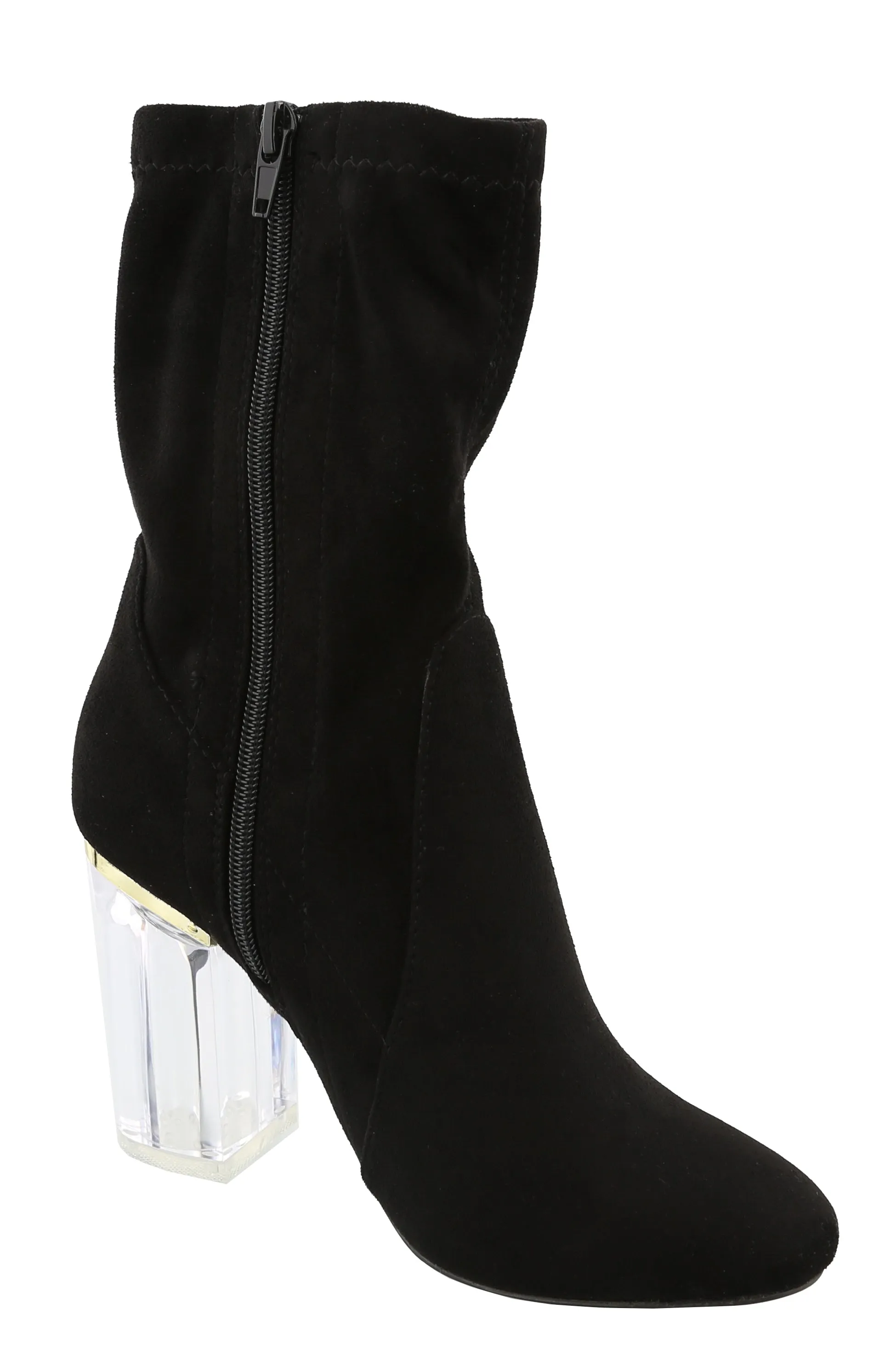 Top Moda Women's Closed Almond Toe Lucite Heel Mid-Calf Sock Boot
