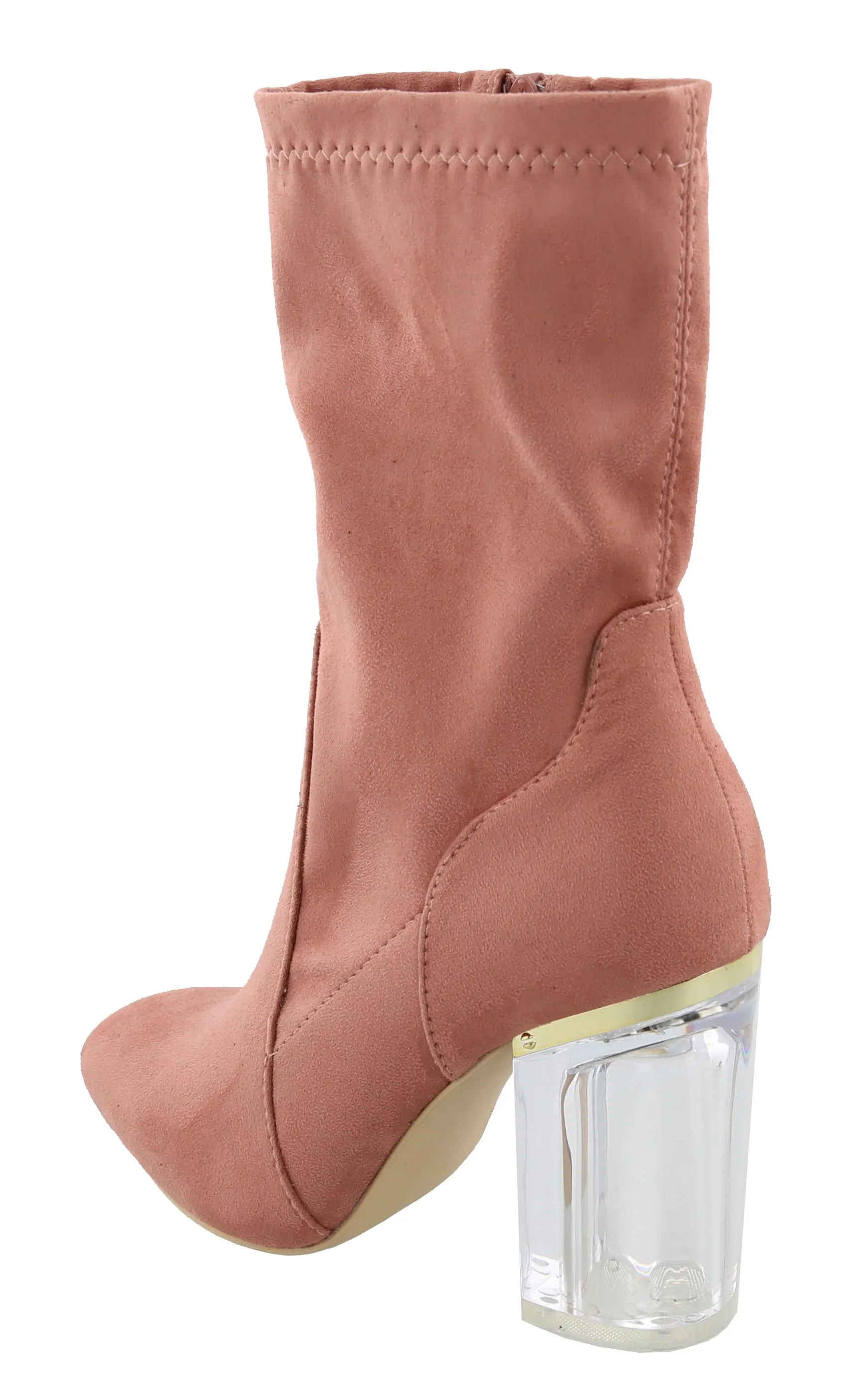 Top Moda Women's Closed Almond Toe Lucite Heel Mid-Calf Sock Boot