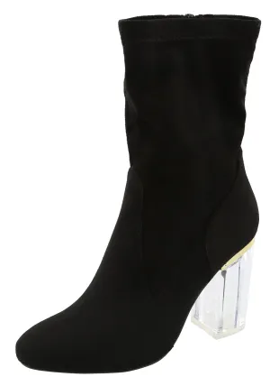 Top Moda Women's Closed Almond Toe Lucite Heel Mid-Calf Sock Boot